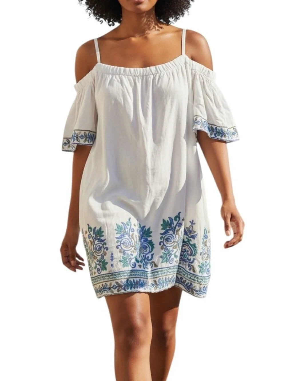 Sandra Darren Plus Size Off the Shoulder White Summer Embroidered Boho Dress